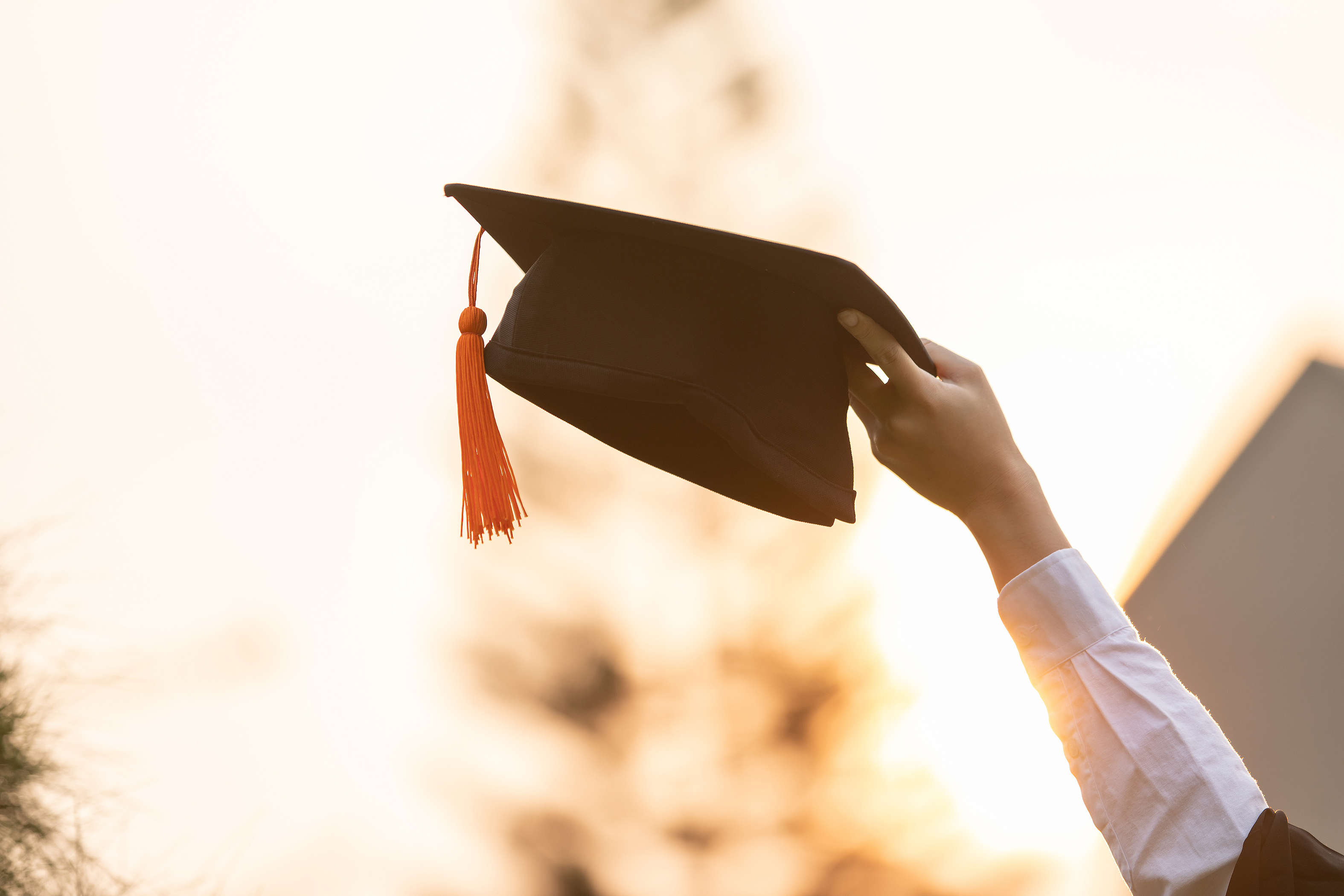Hand holding a graduation cap in the air