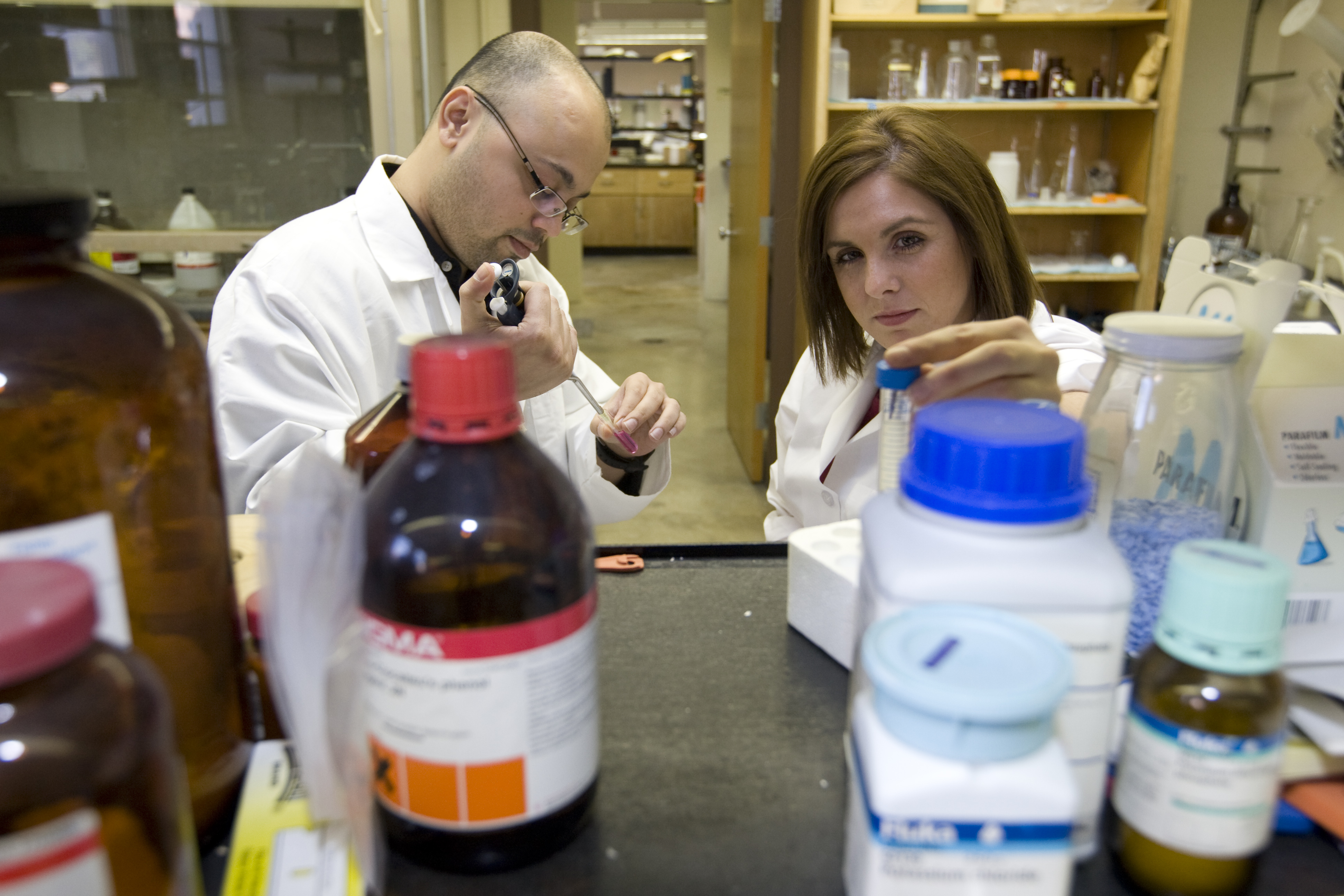 Two laboratory researchers using pipettes to handle samples at a lab bench surrounded by bottles and equipment