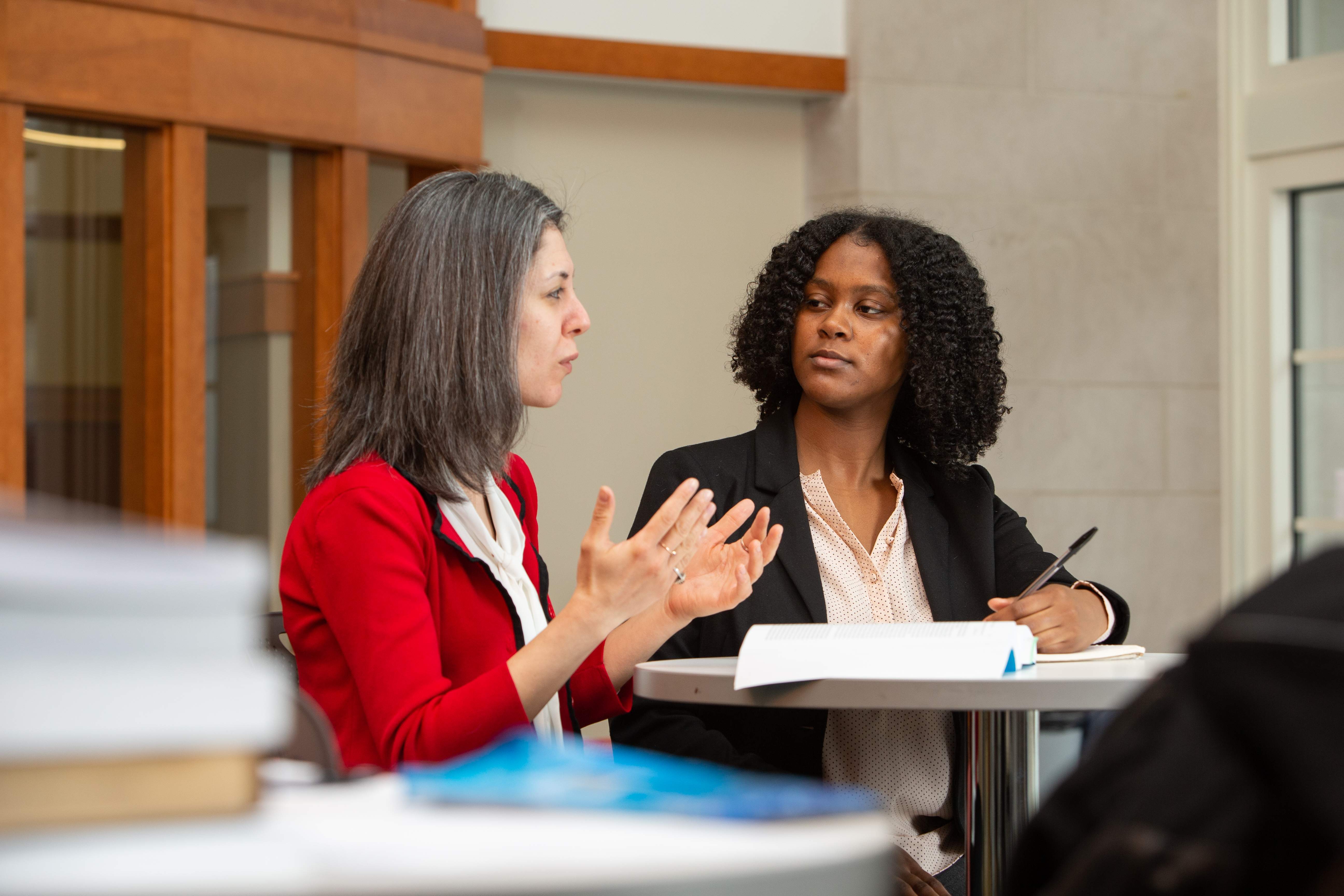 Two professionals talking at a table.