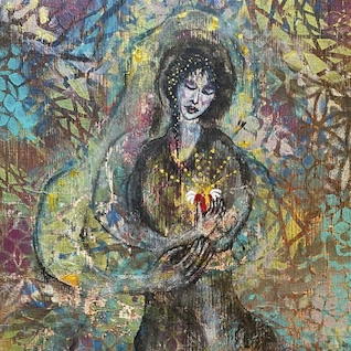 Colorful abstract painting of a seated figure with a bowed head and hands resting in their lap, surrounded by intricate patterns and vibrant shades of blue, purple, gold, and orange