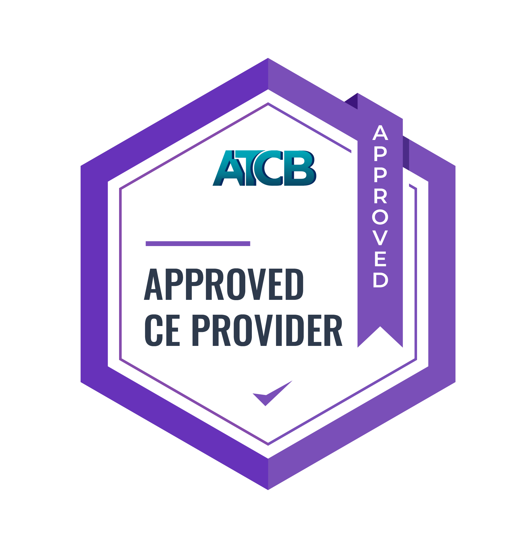 Purple hexagonal badge with the AICB logo, “Approved CE Provider” text, a checkmark, and a vertical “Approved” ribbon
