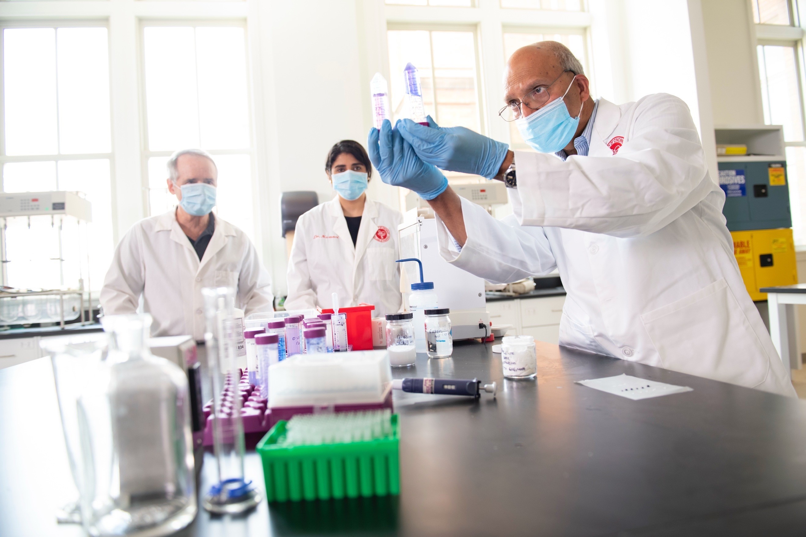 Researchers in a laboratory examining test tubes and samples